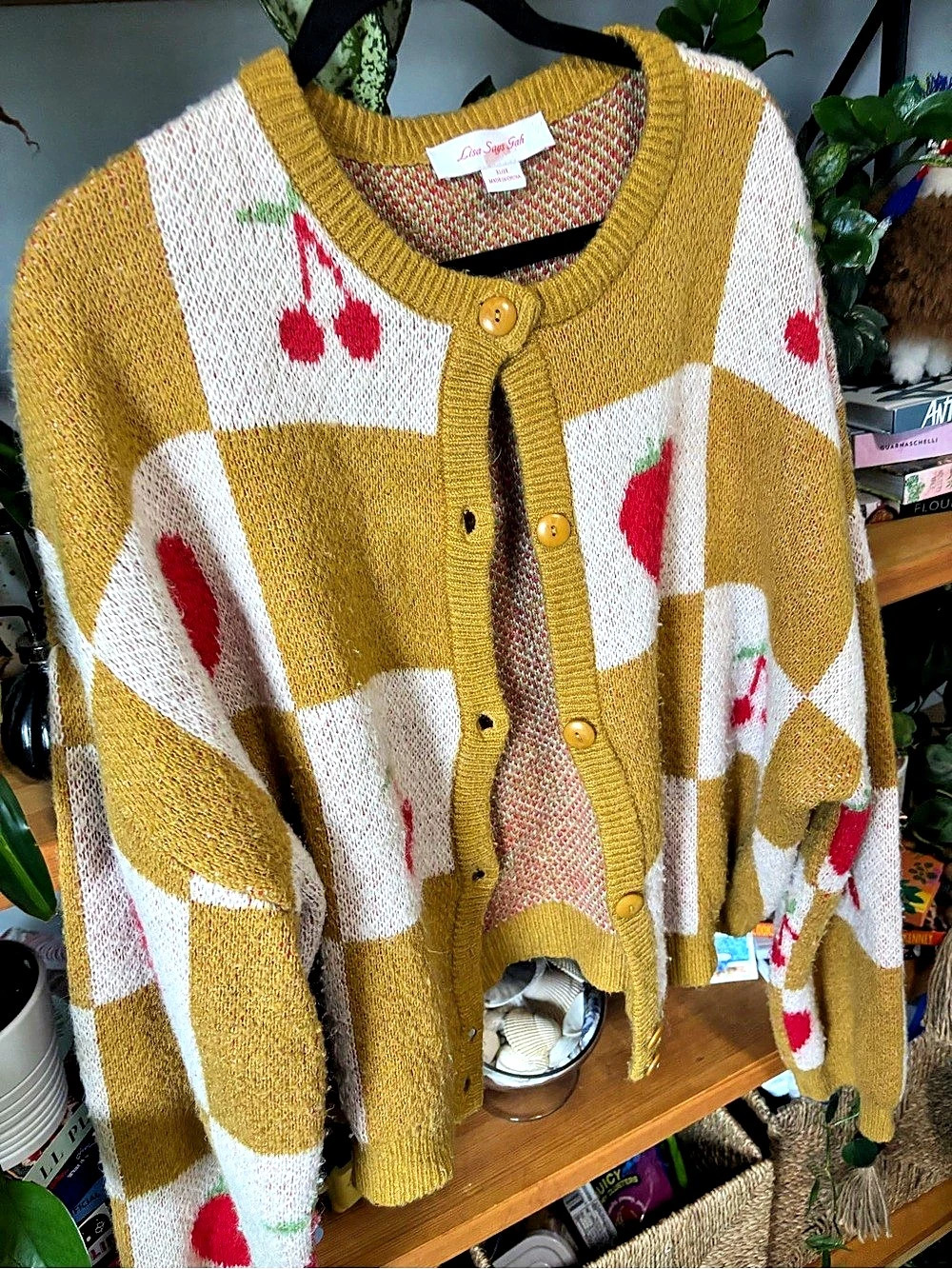 Lisa Says Gah Cherry Cardigan Color Block in Yellow & White - Picture 3 of 7